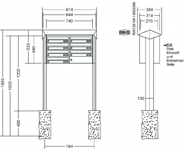 RENZ Briefkastenanlage freistehend, PRISMA, Edelstahl V4A, Kastenformat 370x110x270mm, 7-teilig, zum Einbetonieren